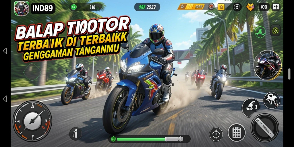 Tampilan gameplay balap motor yang mendebarkan dan dinamis.