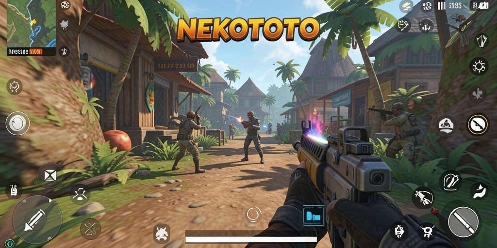 Tangkapan layar gameplay <strong>NEKOTOTO</strong> menunjukkan aksi mendebarkan dalam pertempuran TPS.
